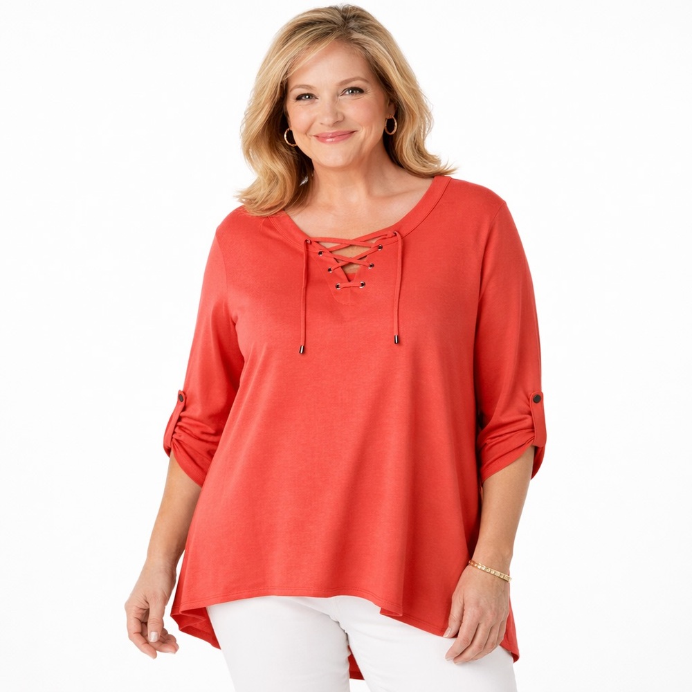Ruby Rd Petite XL Coral Lace Up Tunic Hi Low Top Roll Tab Sleeves